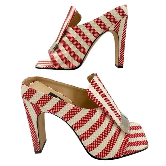 Sergio Rossi SR1 Red Stripe Canvas Mule Block Heel Slide Sandals Size EU 36 US 6 - Picture 8 of 13